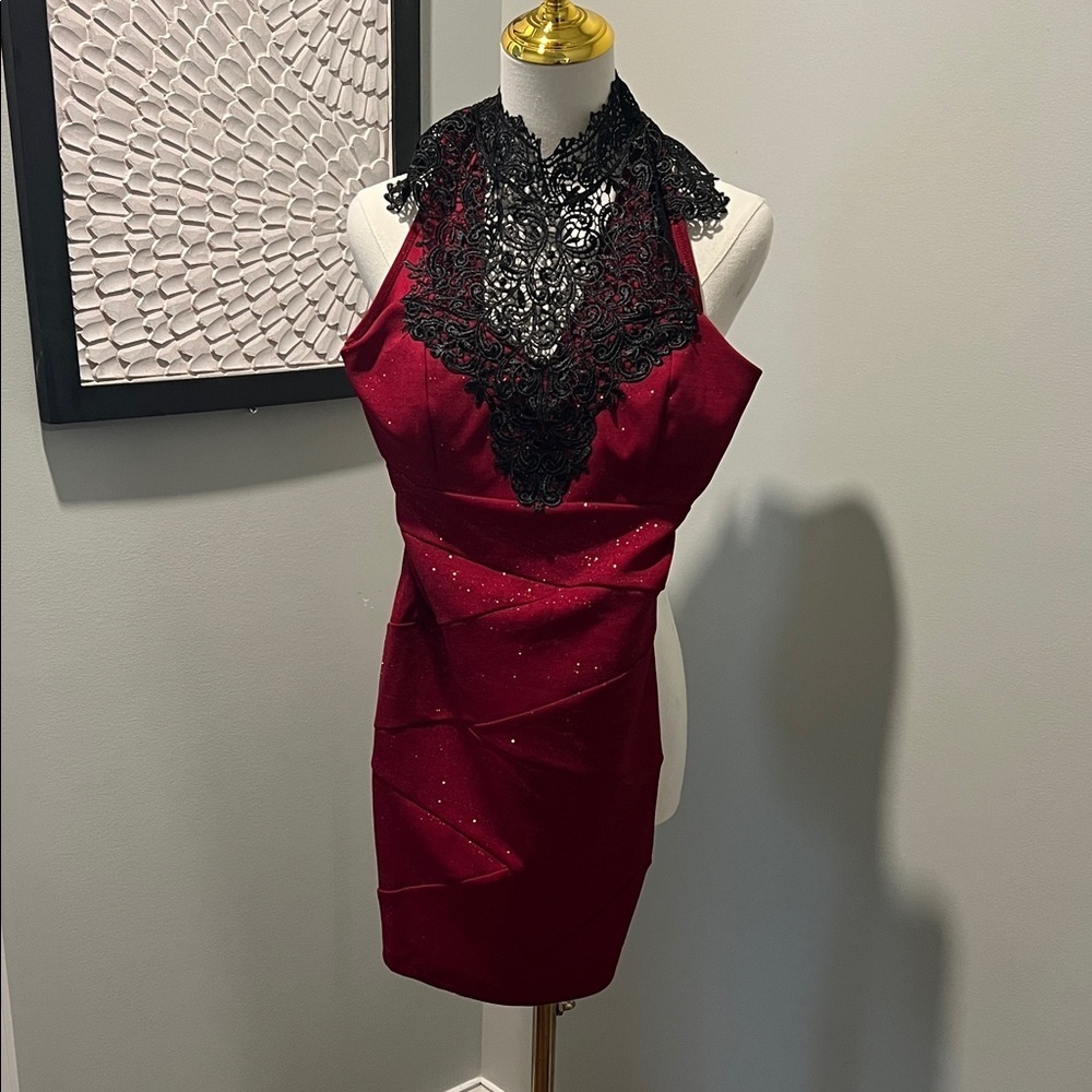 Emerald Sundae Burgundy Mini Dress with Black Lace Halter